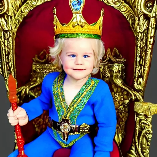 Image similar to cute blond boy wearing a crown and sitting on an ornate throne holding a jeweled scepter.