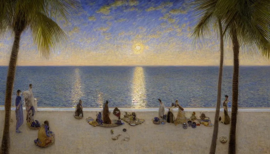 Image similar to a ultradetailed beautiful painting of the night sky of the amazonas golden white palace balustrade designed by jules bastien - lepage, tarsila do amaral, frank weston and gustave baumann, beach, trending on artstation, mediterranean, palm trees, sharp focus, sail boats, soft light, 8 k 4 k