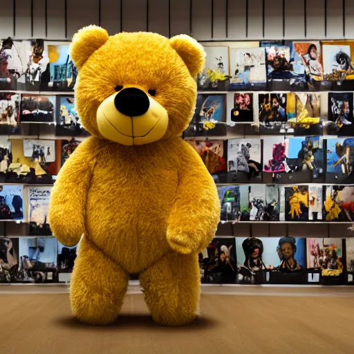 Prompt: a ( ( ( ( yellow teddy bear ) ) ) proudly standing in front of his nfts collection!!!! 4 k photo