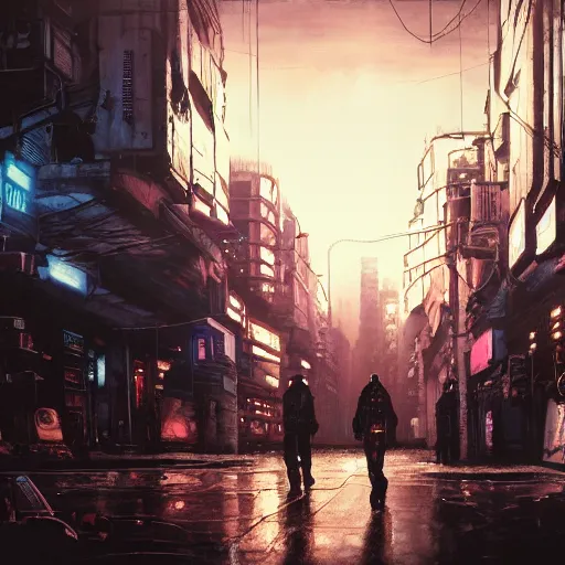 Image similar to Cyberpunk city, street vendors, citizens, augmented cyborgs, Blade Runner, Ghost in the Shell, Neuromancer, robots, skyscapers, buildings, clouds, sunset, painted by seb mckinnon, high detail, digital art, trending on artstation