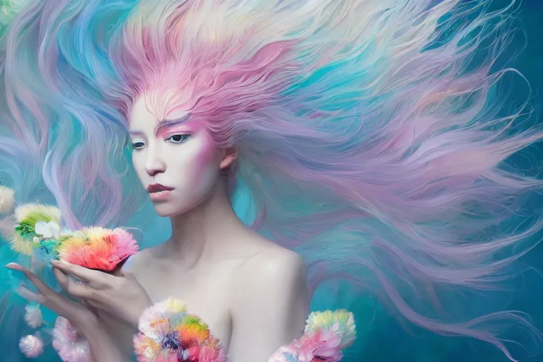 Prompt: Portrait of a beautiful kitsune with pastel massive hairs blending flowers and luminous pearls by artist Nina Masic and artist Noah Bradley, trending on artstation, vivid color, portrait,Paradoxal background by Gerald Brom and Alessio Albi and beeple, sense of awe, trending on artstation, crystal color, 4k