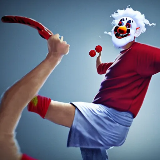 Prompt: homey d. clown hitting the man on the head with a sock full of tennis balls, 4k, hyperrealistic, cinematic