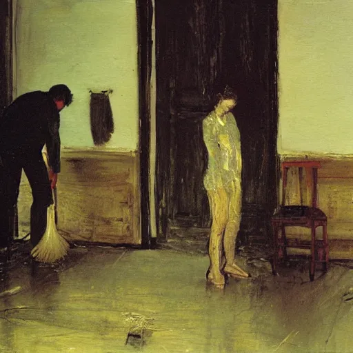 Image similar to an oil painting of people tidying a house by cy twombly