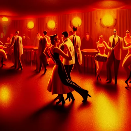 Image similar to 1 9 5 0 s night club with people dancing by otto dix and greg rutkowski and andreas rocha, cinematic lighting, warm colours, ultra realistic, unreal engine, trending on artstation, 4 k