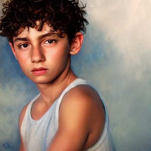 Image similar to a detailed portrait of a ten year old boy, he has short curly brown hair, brown eyes and white skin, fantasy art illustration, incredibly highly detailed and realistic, 8 k, sharp focus