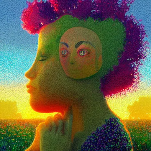 Image similar to girl with giant flower as a face, flower field, big trees, sunrise dramatic light, impressionist painting, colorful clouds, digital painting, pointillism, artstation, simon stalenhag