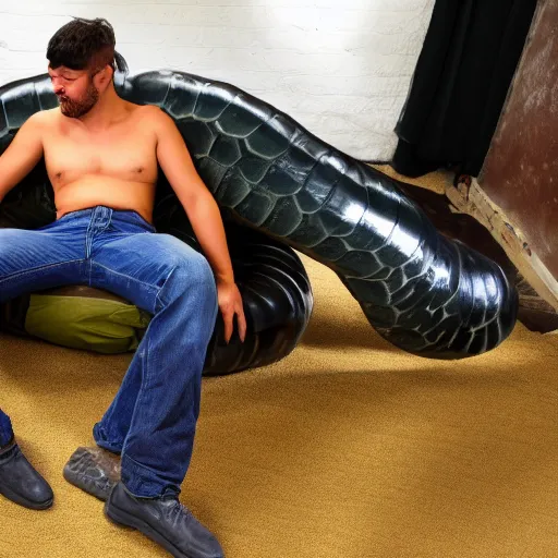 Image similar to man has a huge anaconda between his legs, 8 k hd,