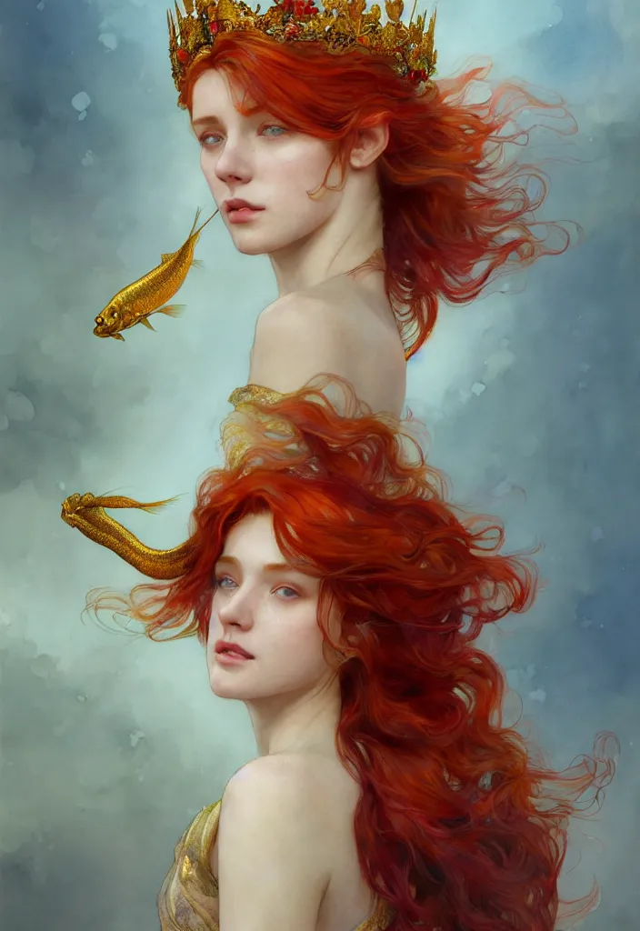 Image similar to beautiful watercolor painting of a young red hair woman wearing a crown of long golden fish, intricate, elegant, highly detailed, digital painting, artstation, concept art, smooth, sharp focus, art by krenz cushart and artem demura and alphonse mucha, dynamic lighting, full body shot, ultrarealistic, cinematic, octane render, 8 k