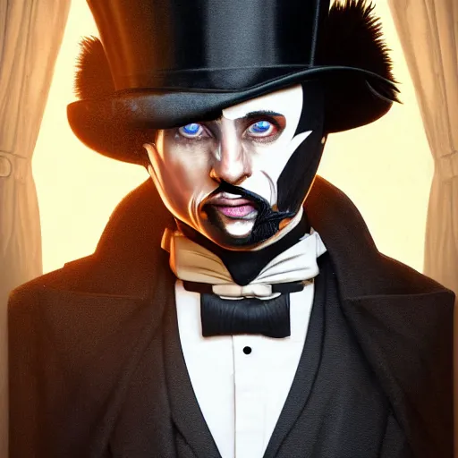 Image similar to a highly detailed portrait of a man in a high top hat covering his face, in a black tailcoat with a yellow waistcoat under the tailcoat, artstation, deviantart, professional, unreal engine 5, photorealistic