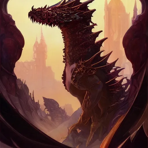 Image similar to an ornately decorated evil black dragon setting an ancient fantast city on fire in the desert, art by artgerm and greg rutkowski and magali villeneuve and alphonse mucha and rossdraws and makoto shinkai, d & d, fantasy, highly detailed, digital painting, trending on artstation, concept art, sharp focus, illustration