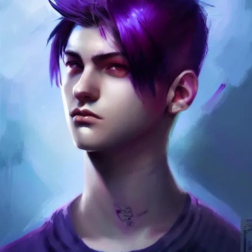 Prompt: colorful and festive captivating teenager boy with straight purple hair, purple eyes with red eye markers, slim body, wearing combat clothes. rich vivid colors, ambient lighting, dynamic lighting, 4 k, atmospheric lighting, painted, intricate, highly detailed by charlie bowater