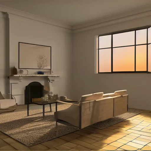 Image similar to living room at sunset, from an ants point of view, digital art