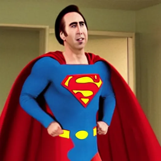 Image similar to film still of Nic Cage as Superman