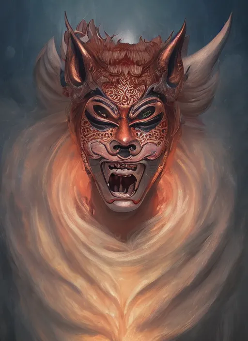 Image similar to a beautiful detailed oil on copper art illustration of a japanese oni kitsune mask devil woman, the mask is broken, centered, by charlie bowater, zeng fanzh, trending on artstation, dim dusk lighting, cinematic lighting, detailed lighting, volumetric lighting, realistic, f 8, 4 k hd wallpaper