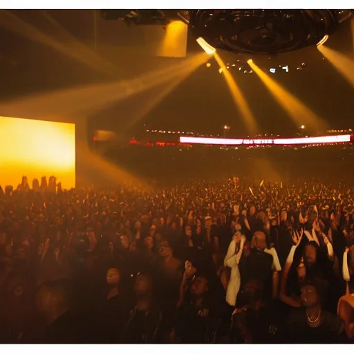 Image similar to Kanye West hosting a listening party at Madison Square Garden, dreamy, atmospheric, golden hour, cinematic lighting, 8K concept art