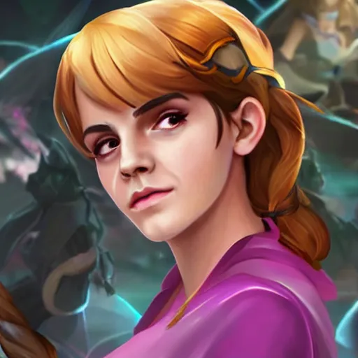 Image similar to emma watson as a character in the game league of legends, with a background based on the game league of legends, detailed face