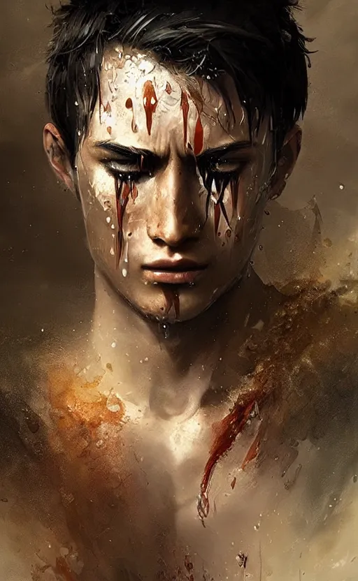 Prompt: The most beautiful young warrior guy in the world crying water,digital art,ultra realistic,ultra detailed, ultra wide Lens, art by greg rutkowski