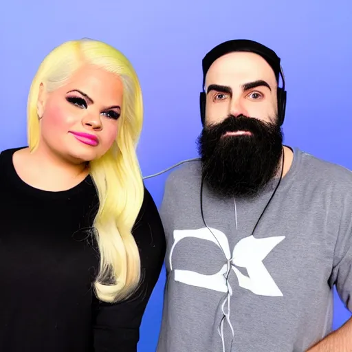 Prompt: a closeup of keemstar and trisha paytas in a podcast show, half blue and half pink background, high quality production