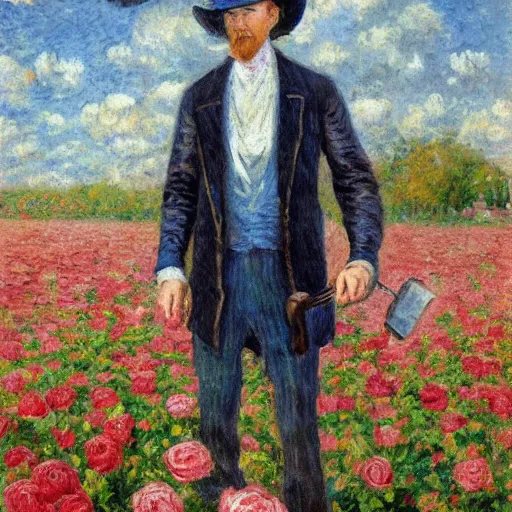 Image similar to an impressionist painting of a tall man with blue eyes that is wearing a wide brim hat and a leather vest. He is holding a revolver in his left hand and a rose is in his right hand. He is standing in a field of roses.