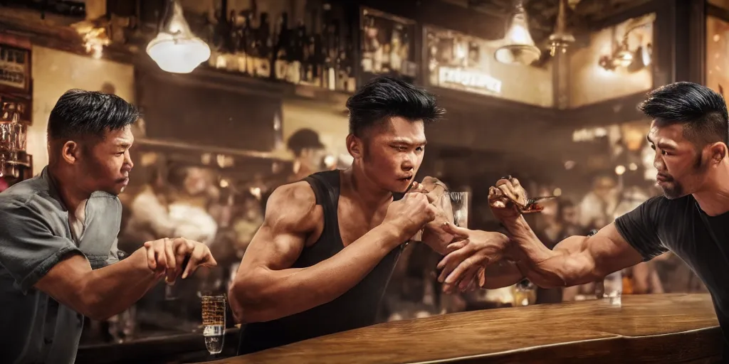 Prompt: a photo of a bar fight inside a pub between asian men, Leica, symmetrical faces, muscles, detailed faces, accurate faces, 4k, 3D render, hyperrealism, editorial, photorealistic, crisp details, sharp focus, wide angle lens, octane render, cinematic lighting