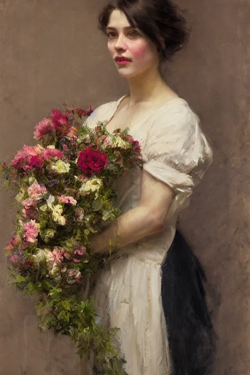 Image similar to Richard Schmid and Jeremy Lipking full length portrait painting of a young beautiful edwardian girl hold a large bouquet of flowers