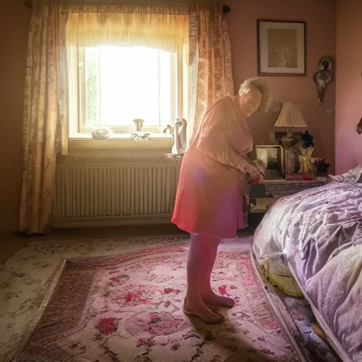 Prompt: older woman inside her bedroom, dramatic colored lighting, mysterious ambiance : : gregory crewdson photo style : : nikon d 8 1 0, ƒ / 2. 5, focal length : 8 5. 0 mm, exposure time : 1 / 8 0 0, iso : 2 0 0