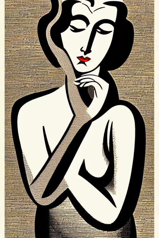 Prompt: woman reading a love note art by james o barr and tamara lempicka, woodblock print, black and white, vector, vector art