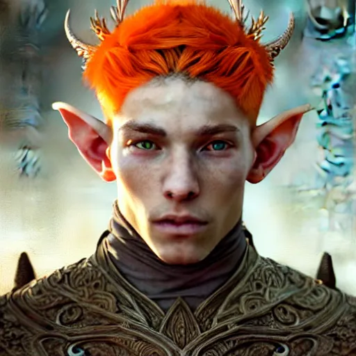 Image similar to portrait painting of an elven male teen with short light orange hair and tribal tattoos on his face wearing fur armor, ultra realistic, concept art, intricate details, eerie, highly detailed, photorealistic, octane render, 8 k, unreal engine. art by artgerm and greg rutkowski and charlie bowater and magali villeneuve and alphonse mucha