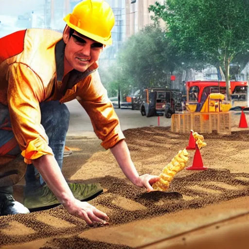 Image similar to tom cruise dressed as a construction worker planting fries in the ground, digital art, highly - detailed, artstation cgsociety masterpiece