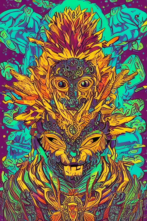 Image similar to animal mask totem roots flower tribal feather gemstone plant wood rock shaman vodoo video game vector cutout illustration vivid multicolor borderlands comics by josan gonzales and dan mumford radiating a glowing aura