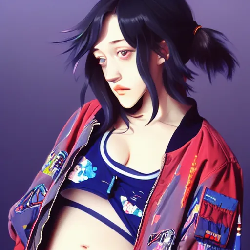 Image similar to a beautiful boyish kat dennings alluring gravure model, wearing oversized mayan bomber jacket and leotard with overalls, bulky poofy aztec native style bomber jacket with mayan patterns, gapmoe yandere grimdark, trending on pixiv fanbox, painted by greg rutkowski makoto shinkai takashi takeuchi studio ghibli, akihiko yoshida