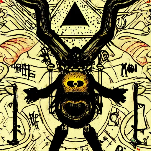 Image similar to portre of an autistic demon on acid, masonic and kabalistic symbols in background, digital art, 8k, delicate details