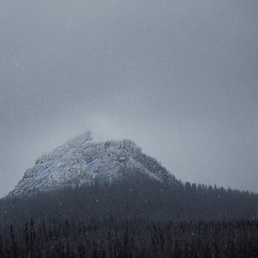 Prompt: a monolithic mountain in a taiga. overcast sky, snowing.