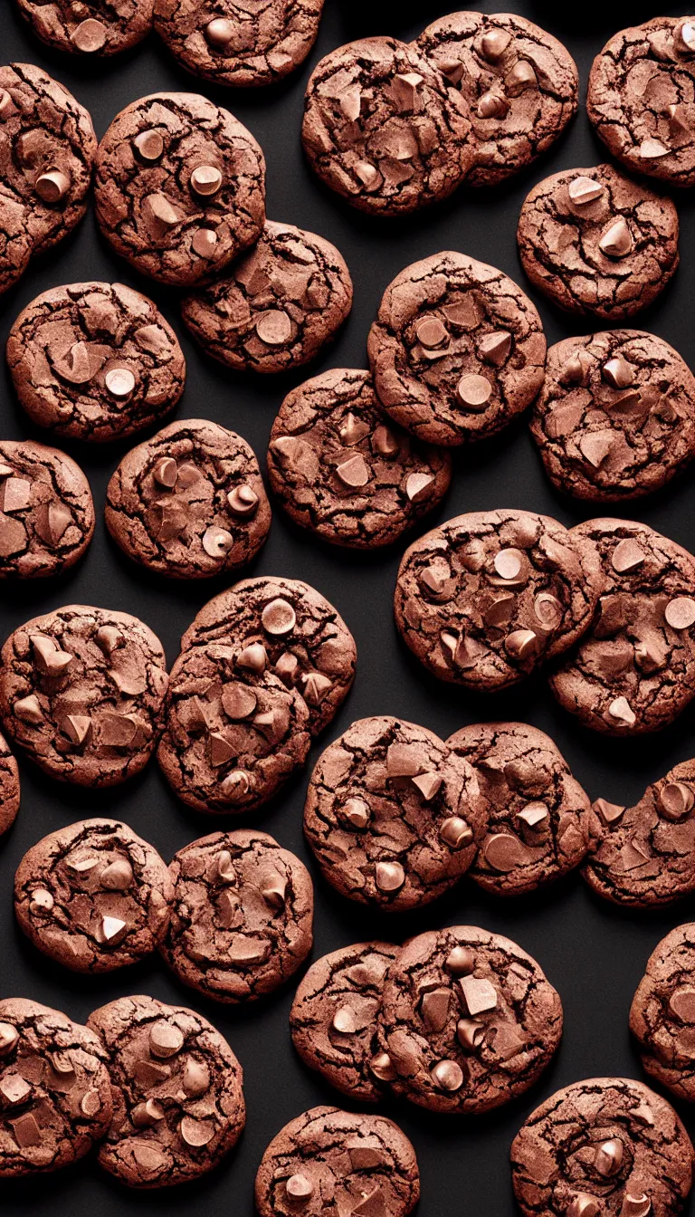 Prompt: product photography of beautiful chocolate cookies, volumetric dramatic light, dark black background, sharp focus, highly realistic, octane render, art by greg rutsowski