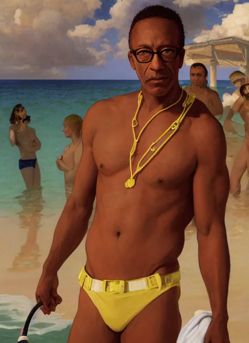 Prompt: portrait Gus Fring as sea lifeguard on the beach, full length shot, shining, 8k highly detailed, sharp focus, illustration, art by artgerm, mucha, bouguereau