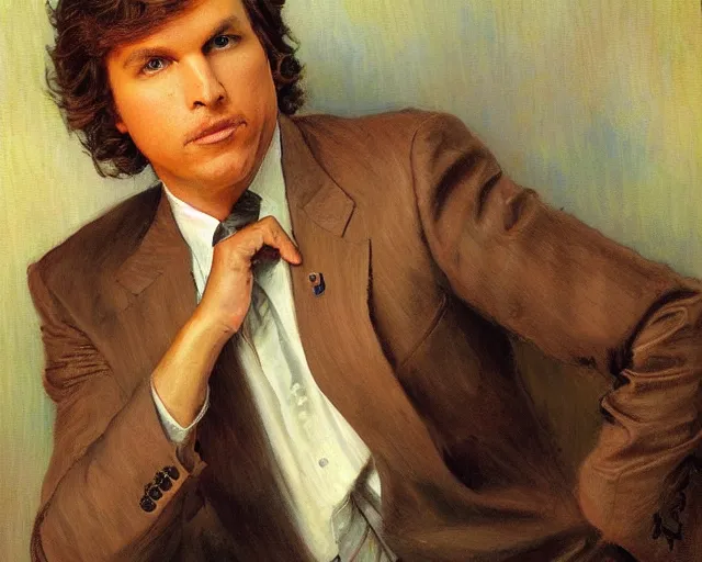 Image similar to closeup portrait of tucker carlson dressed up for fox news, highly detailed painting by gaston bussiere, craig mullins, j. c. leyendecker 8 k