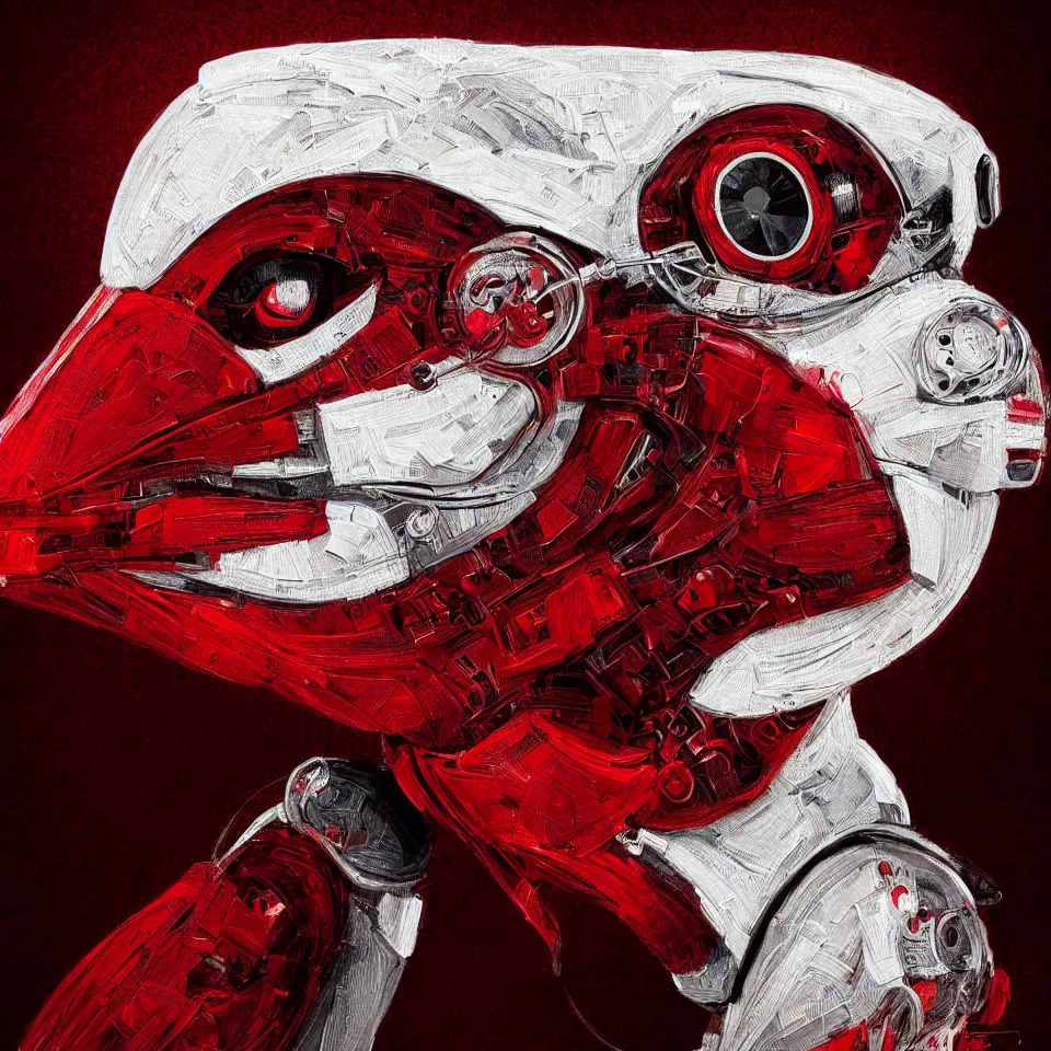 Prompt: beautiful artistic highly detailed portrait robotic bird, with head phones, digital painting, digital art, beautiful, cinematic, 4 k, ultra hd, art by frank miller, dynamic lighting, gradient dark red, cream and white color scheme