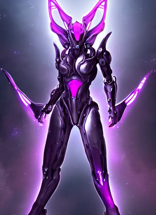 Image similar to cinematic close shot, galactic sized goddess, proportional stunning beautiful hot female warframe, sleek mecha female dragon head, metal ears, led purple eyes, smooth fuschia skin, smooth silver armor, floating in space, holding a galaxy, epic proportions, epic size, epic scale, furry art, dragon art, giantess art, warframe fanart, furaffinity, octane