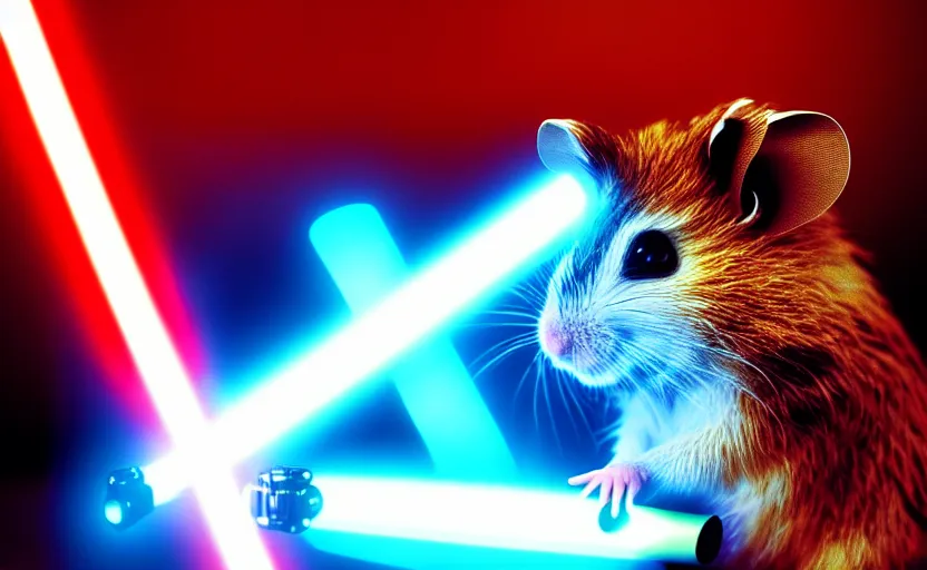 Image similar to hamster, wielding a lightsaber, movie still, star wars, cinematic, sharp focus, cinematic lighting, 8 k