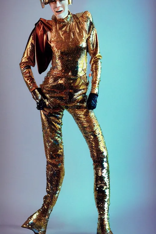 Prompt: portrait davis taylor brown dressed in 1 9 8 1 space fantasy fashion, avante garde, shiny metal