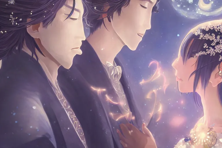 Image similar to a dreamlike portrait of wedding close up moment of a divine a japan sun god and moon goddess lovers magician at a wedding banquet. highly detailed, digital painting, fantasy wedding screen, 8 k realistic, hyper detailed, by makoto shinkai and akihiko yoshida and hidari and wlop