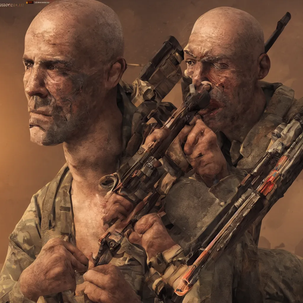 Image similar to a veteran soldier with a lot of scars in the face holding a Kar98k, octane render, unreal engine 5, colorful, high detail, high quality, profile picture, 8k