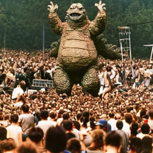 Prompt: a human sized Godzilla performing on stage at Woodstock, photo