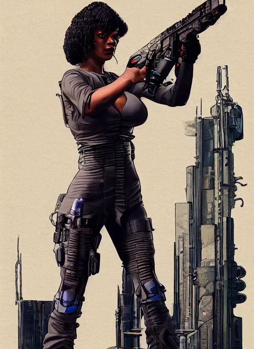 Image similar to selina igwe. cyberpunk mercenary in tactical harness and jumpsuit. dystopian. portrait by stonehouse and mœbius and will eisner and gil elvgren and pixar. realistic proportions. cyberpunk 2 0 7 7, apex, blade runner 2 0 4 9 concept art. cel shading. attractive face. thick lines. moody industrial landscape.