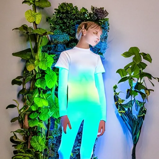 Image similar to very symmetrical fruits magazine steetwear photo of cute cool fashion worn by teens teens in the far future with glowing led lights and surrounded by plants, futuristic!!! haute couture fashion!!!!, nanotechnology and cybernetics!!! and solar power and prosthetic