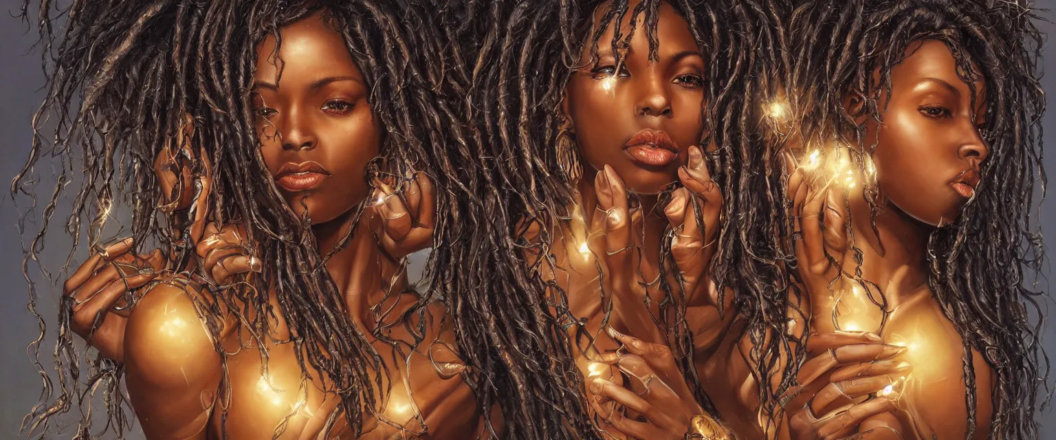 Prompt: a highly detailed symmetrical full body painting of a dark skinned beautiful black woman washing dreadlocks in dynamic lighting, ambient lighting, deviantart, art by artgerm and karol bak and mark brooks h