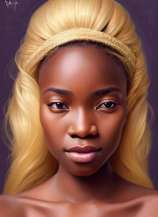 Image similar to beautiful igbo feminine face! portrait of young woman blessed by god with ever - increasing physical and mental perfection, blonde hair, symmetrical! intricate, elegant, highly detailed, vision of holy perfection!! smile, digital painting, artstation, concept art, smooth, sharp focus, illustration, art by artgerm and greg rutkowski and alphonse mucha