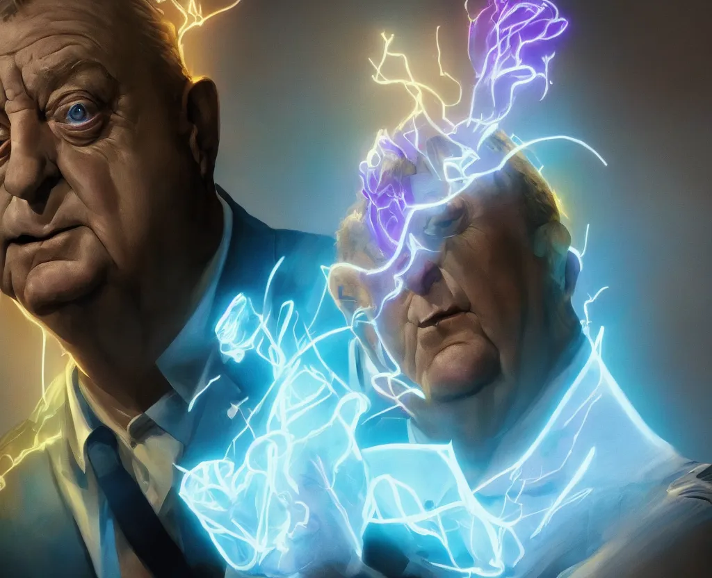 Image similar to dramatic portrait of Rodney Dangerfield, bloomed lighting, angelic, futuristic, beautiful colors, slightly golden, very sharp likeness, very detailed, chopping hands, electrical details, cinematic lighting high details, 4k, 8k, trending on artstation, ultra-realism