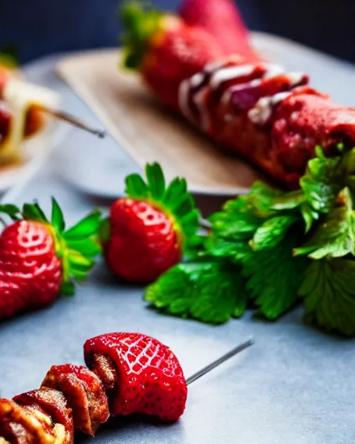 Prompt: a kebab made out of strawberries