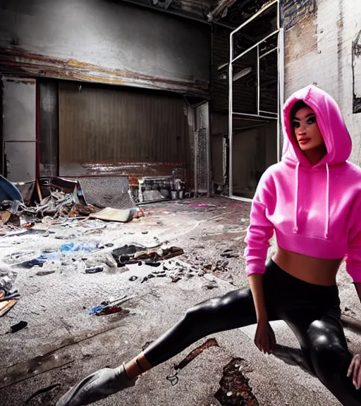 Prompt: kylie jenner doing graffiti in a derelict garage, dust mist, rear-shot, tight leggings with a pink hoody with hood up, mold, greenery, intricate, epic lighting, cinematic composition, hyper realistic, 8k resolution, unreal engine 5